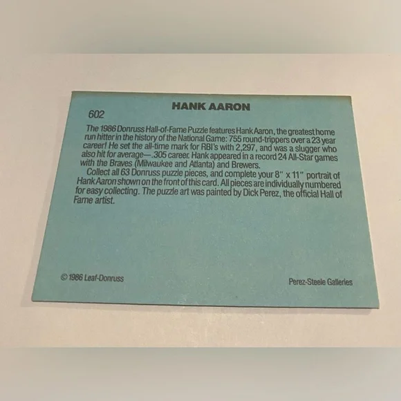 Hank Aaron 1986 Donruss Hall of Fame Diamond Kings Baseball Card # 602 Vintage - Picture 2 of 3